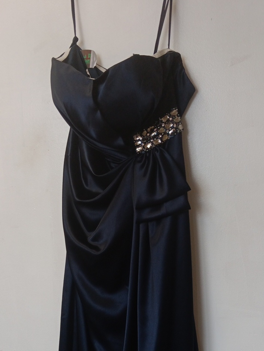 Vintage Black Satin Strapless Gown with Jeweled Side Detail